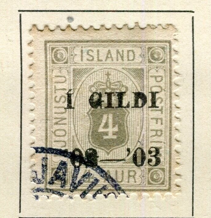 ICELAND; 1902 early Optd. issue ' I GILDI 02-03 ' issue used 4a. value VARIETY