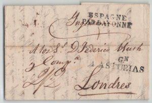 Spain 1820 Asturias to London England via Bayonne France Stampless Letter SFL