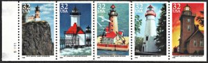 SC#2973a 32¢ Great Lakes Lighthouses Booklet Pane of Five with Tab (1995) MNH