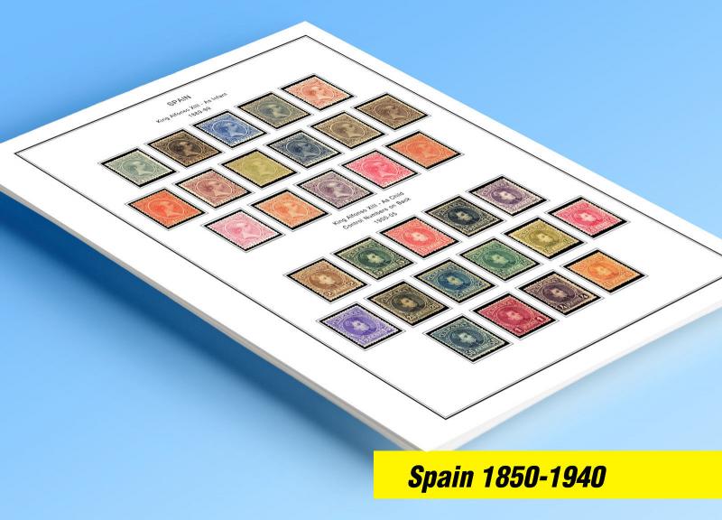 COLOR PRINTED SPAIN 1850-1940 STAMP ALBUM PAGES (42 illustrated pages)