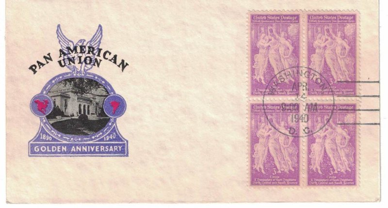 #895 FDC, 3c Pan American Union, Ioor cachet, block of 4