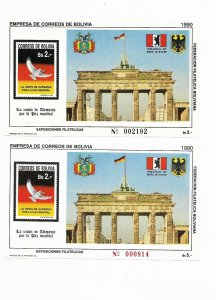 BOLIVIA 1990 GERMAN REUNIFICATION FOR WORLD PEACE BLACK AND RED INK 2 SS MNH