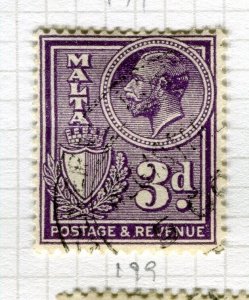 MALTA; 1930 early GV ' POSTAGE & REVENUE ' issue fine used 3d. value