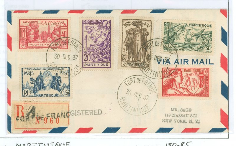 Martinique 180-85 1937 Registered Fort De France-San Juan-NY; scv is for 184