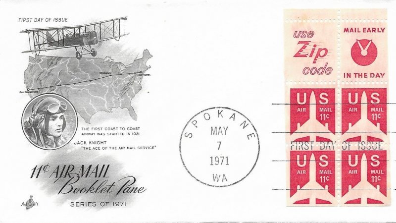 1971 Air Mail FDC, #C78a, 11c Jet, Art Craft, booklet pane