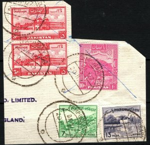 PAKISTAN 10r, 5r High Values Piece *TEMPORARY PO* CDS Postmarks 1952 Used SS4483