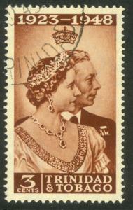 TRINIDAD AND TOBAGO 1948 3c KGVI SILVER WEDDING Issue Sc 64 VFU