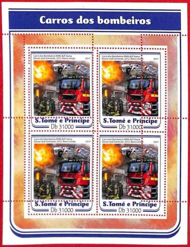 A3395 - SAO TOME & PRINCIPE, ERROR MISPERF Miniature s: 2017 Fire trucks/engines 