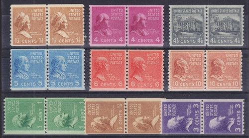 US Sc 840/851 MNH. 1939 Prexie Coil Pairs, 9 different F-VF