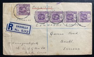 1927 Badulla Ceylon Bank Of UVA Registered cover To Bristol England