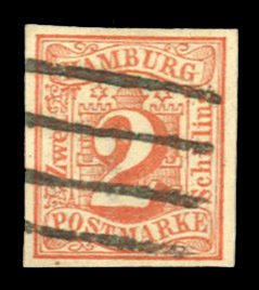 German States, Hamburg #3 Cat$100, 1859 2s red, used, signed Bloch