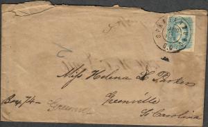 CSA Sc#11a Milky Blue Spartanburg SC Aug 3 1863 Transcribed Turned Cover