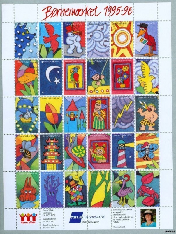 Denmark. Poster Stamp Sheet Mnh 1995-96. Borns Vilkaar.Lighthouse,Clown,Animals.