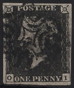 GB 1840 1d black plate 5 OI fine used 4 good-large margins, hint of pressed cr