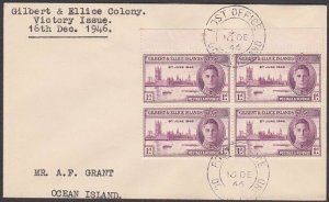 GILBERT & ELLICE IS 1946 Victory 1d block FDC - Ocean Island cds............Q249