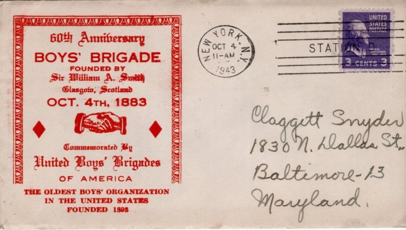 Boys' Brigades Cachets: 60th Anniversary (red) 1943 #BB10