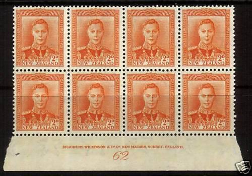 NEW ZEALAND 1938 KGVI 2d ORANGE PLATE BLK 8 #62 MNH