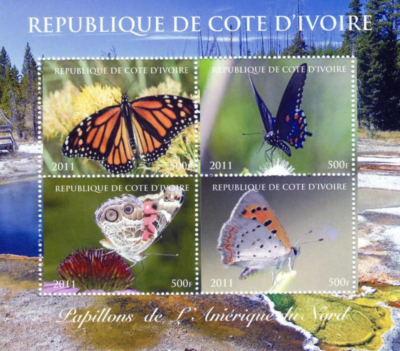 Ivory Coast 2011 Butterflies North America Shlt(4)Perf.MNH  