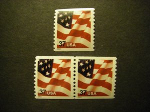 Scott 3631, 37c Waving Flag, Pair & Single, large hole, MNH Coil Beauties