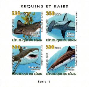 BENIN SHEET IMPERF MARINE LIFE SHARKS