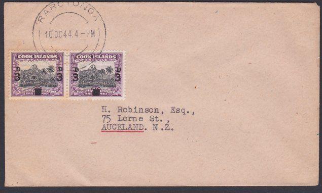 COOK IS 1944 cover to New Zealand - pair 3d overprints ex Rarotonga........87720