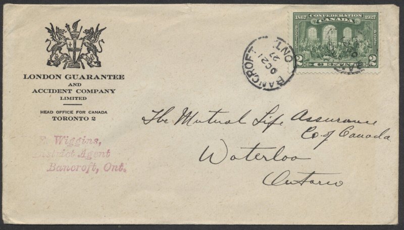 1927 London Guarantee and Accident Bancroft Ont District Agent Cover