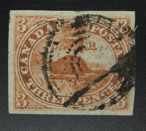 MOMEN: CANADA SC #1 LAID PAPER BEAVER 1851 IMPERF USED CERT LOT #64703