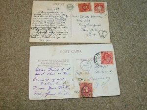 EARLY IRELAND ON 2 POSTCARDS TO U.S.A. WITH POSTAGE DUE STAMPS