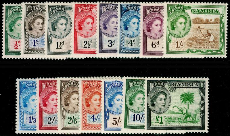 GAMBIA SG171-185, 1953-59 COMPLETE SET, LH MINT. Cat £110.