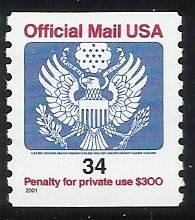 O158  34c Official Coil MNH VF Centering