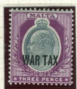 MALTA; 1917-18 early WAR TAX Optd. issue fine Mint hinged Shade of 3d. value