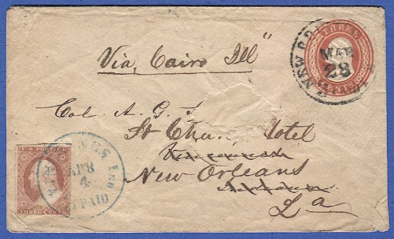 US  Circa 1855 forwarded cover, Sc U9 New Brunswick NJ to Indiana + 3c #11