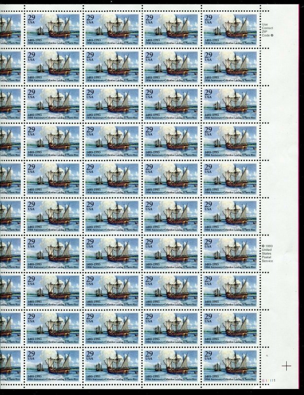 2805 Columbus Landing in Puerto Rico Sheet of 50 29¢ Stamps MNH