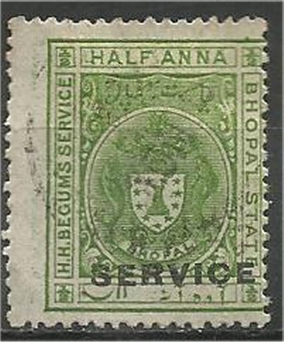 BHOPAL. 1908, used 1/2a  OFFICIAL Scott O1