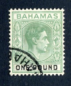 Bahamas 1938 KGVI. £1 deep grey green & black. Used. SG157.