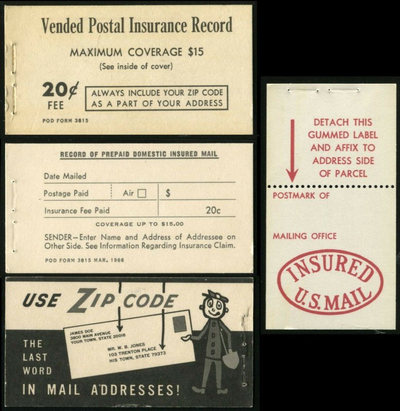 Vended Postal Insurance Record US Mail Post Office Booklet 1966 Mint Unused