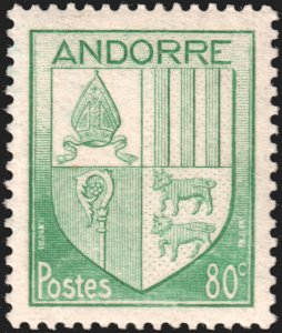 Andorra (French) #84  MOG - 80c blu-grn Coat of Arms (1944)