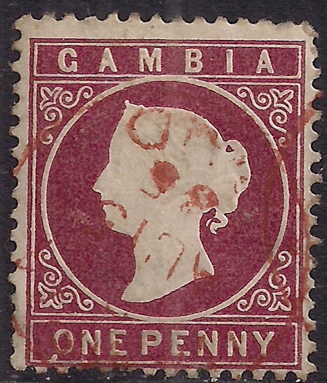 Gambia 1886 - 93 QV 1d Maroon Used SG 12b ( E2 )