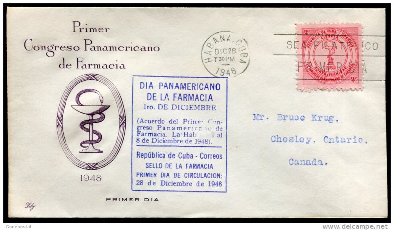 d313 - CUBA 1948 FDC Cover Pharmaceutical Congress. Sent to Canada