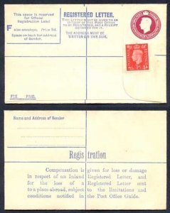 RP48 KGVI 4 1/2d Registered Envelope Size F Mint and 1d Stamp