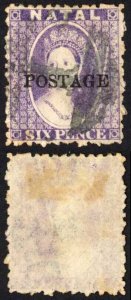 Natal SG83 6d Violet Wmk CC Opt POSTAGE (Davis) Cat 9 pounds