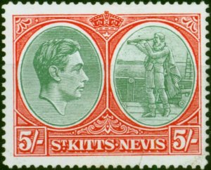 St Kitts Nevis 1950 5s Green & Scarlet Vermilion SG77c P.14 Chalk Fine LMM