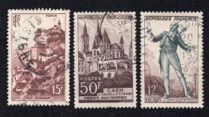 France 1946-53 group of 3 Commemoratives, Scott 570, 674, 690 used