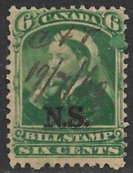 CANADA NOVA SCOTIA 1868 QV 6c BILL STAMP REVENUE Blob Under Six VDM. NSB7 USED