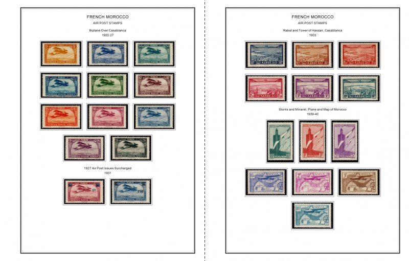 COLOR PRINTED FRENCH MOROCCO 1891-1955 STAMP ALBUM PAGES (46 illustrated pages)