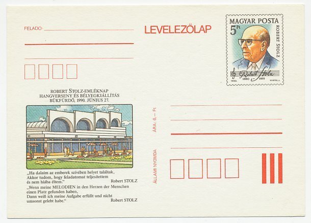 Postal stationery Hungary 1990 Robert Stolz - Composer