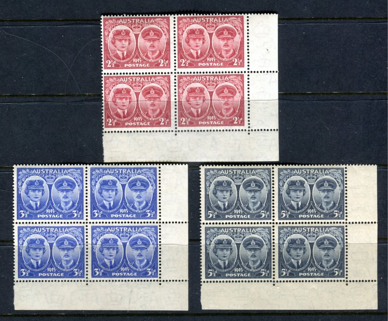 Australia 1945. Gloucester Visit set of 3 x Corner Blocks of 4. Mint. NH.