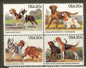 Scott #2101a, 20c Dogs, Block of 4, MNH