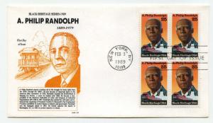 2402 A Philip Randolph, Black Heritage 1989 GAMM, block of 4, FDC