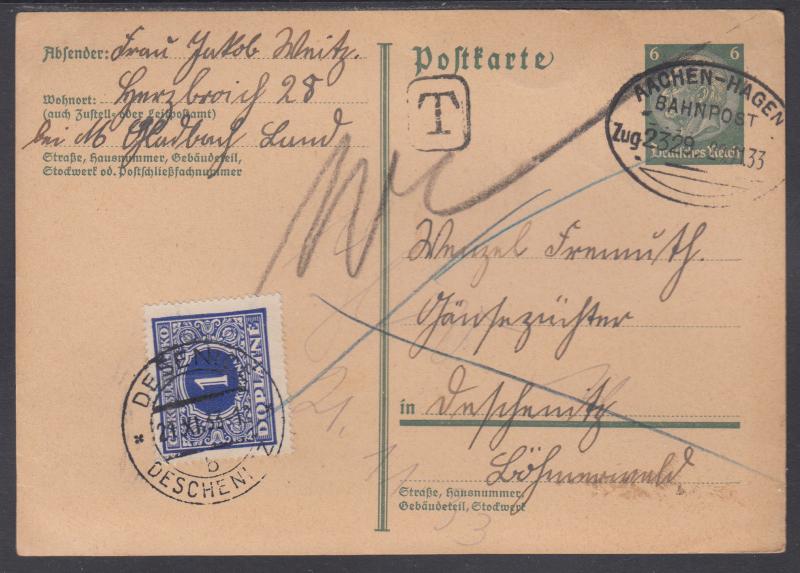 Germany Mi P218 used 1933 6pf Railway Postage Due Postal Card